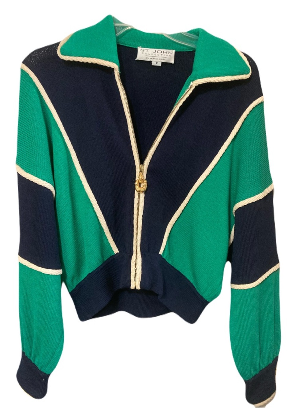 St. John Navy and Green Zip-Front Knit Jacket